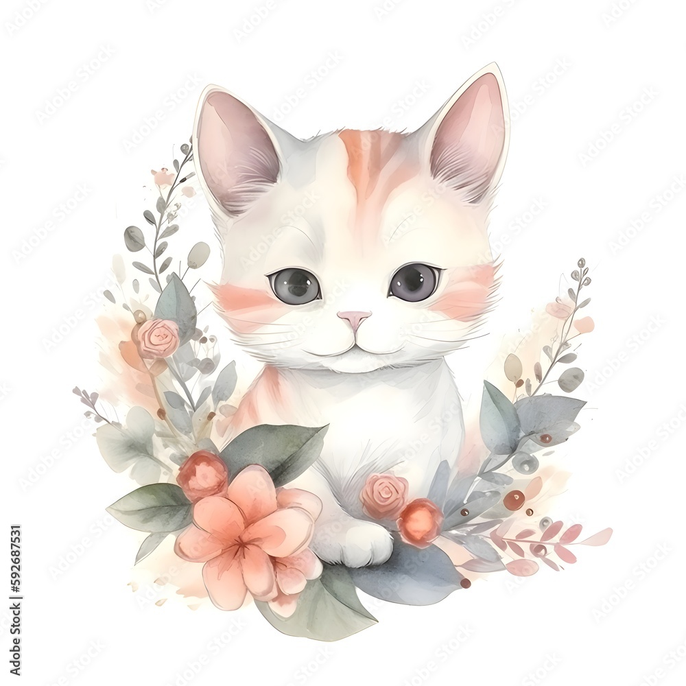 Cute little rose cat with flowers hand drawing ilustration decoration water color 