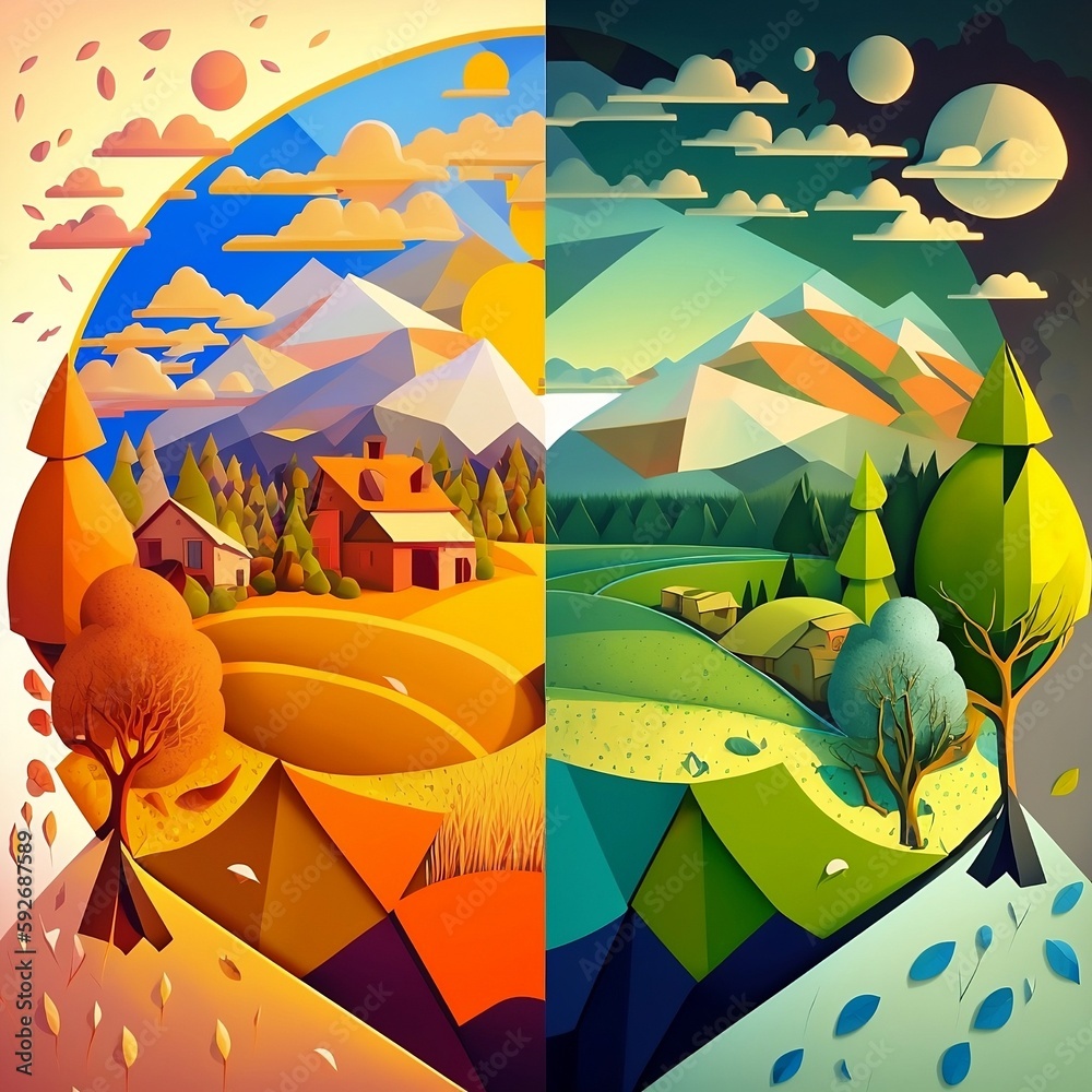 Vibrant low poly style illustration of the earth, split in half to show