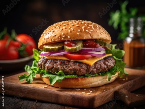 Freshly Made Beef Burger Close-Up Shot, Served Bottom Right.