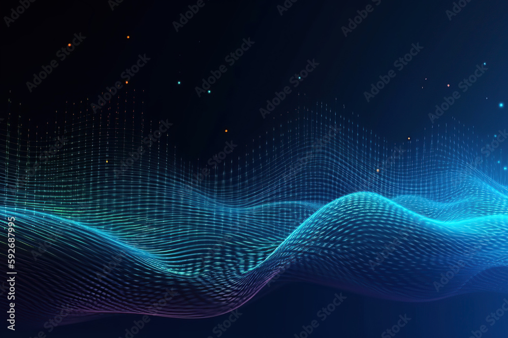 Abstract wave technology background, moving dots and lines, flow of particles. Cyber connection concept illustration, 3D rendering, created with Generative AI Abstract wave technology background, moving dots and lines, flow of particles. Cyber connection concept illustration, 3D rendering, created with Generative AI