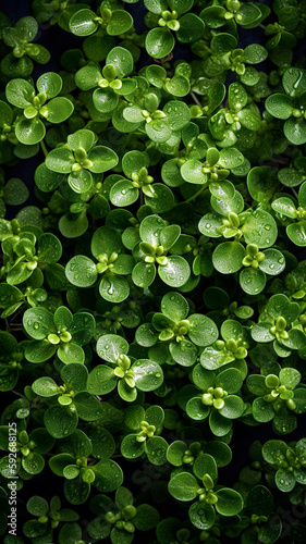 Fresh Oregano background, adorned with glistening droplets of water, top down view.