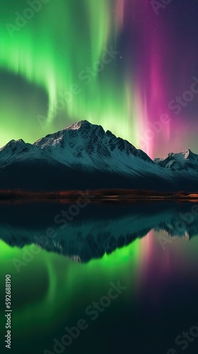 Beautiful Northern Lights above mountain and river. Generative AI © Natee Meepian