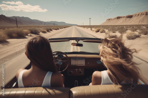 Two girls driving on a road with the sun shining on the top of the car AI generation photo