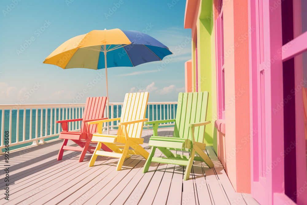 A colorful deck with a rainbow umbrella and colorful chairs. AI generation