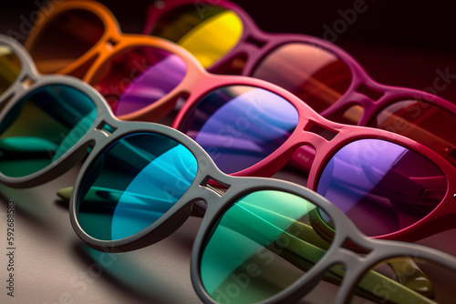 Colorful sunglasses on a pool table with a reflection of the pool. AI generation