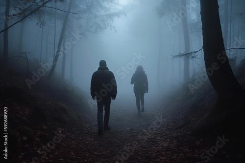 Man follows woman in dark foggy forest. Generative AI.