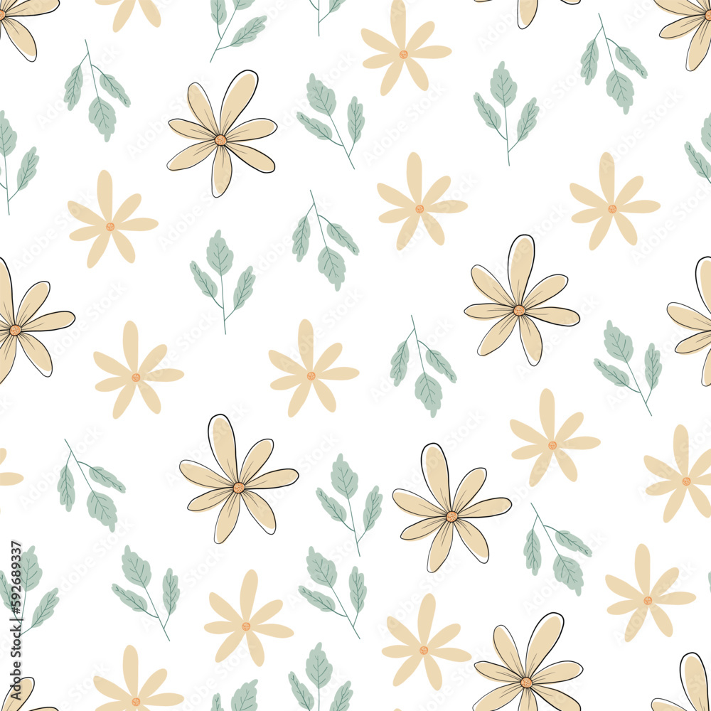 Seamless vector pattern with flowers. Graphics flowers and leaves pattern vector. Minimalistic background. Cute floral print for textiles.