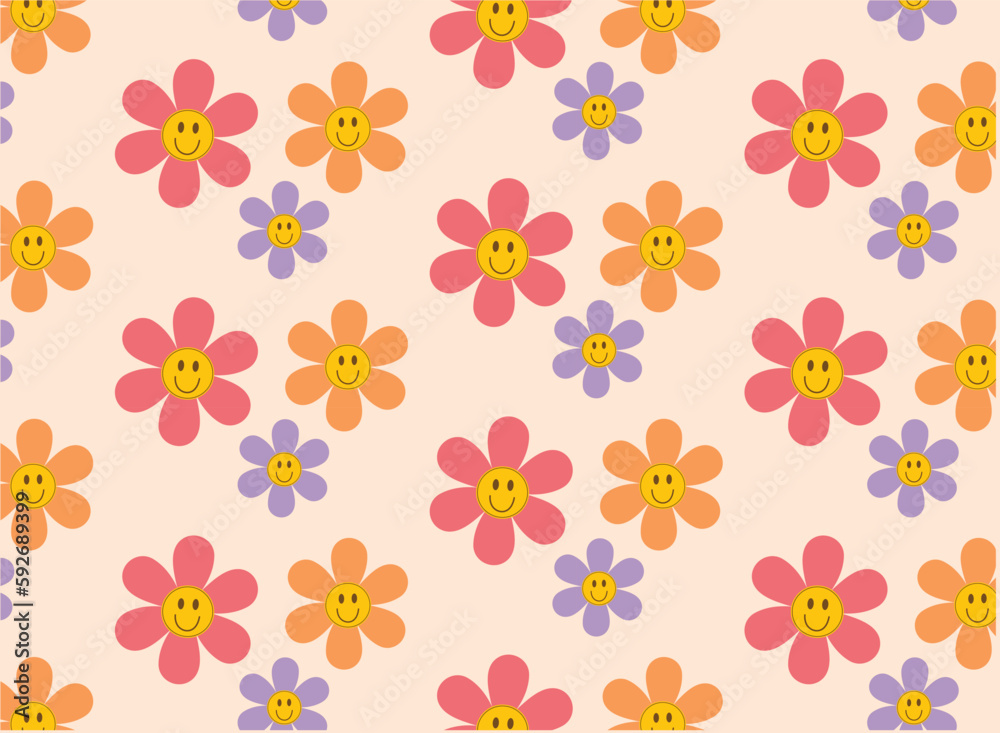 smile flower  seamless pattern cartoon groovy hippie daisy Funny happy sticker vector illustration