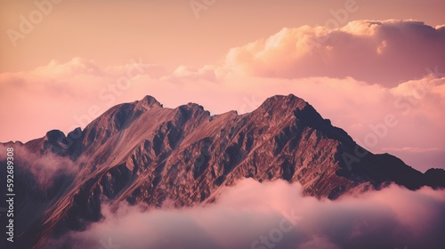 Beautiful top of mountain surrounded by clouds. Generative AI