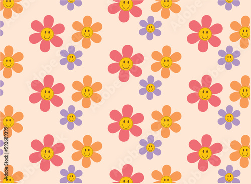 smile flower  seamless pattern cartoon groovy hippie daisy Funny happy sticker vector illustration