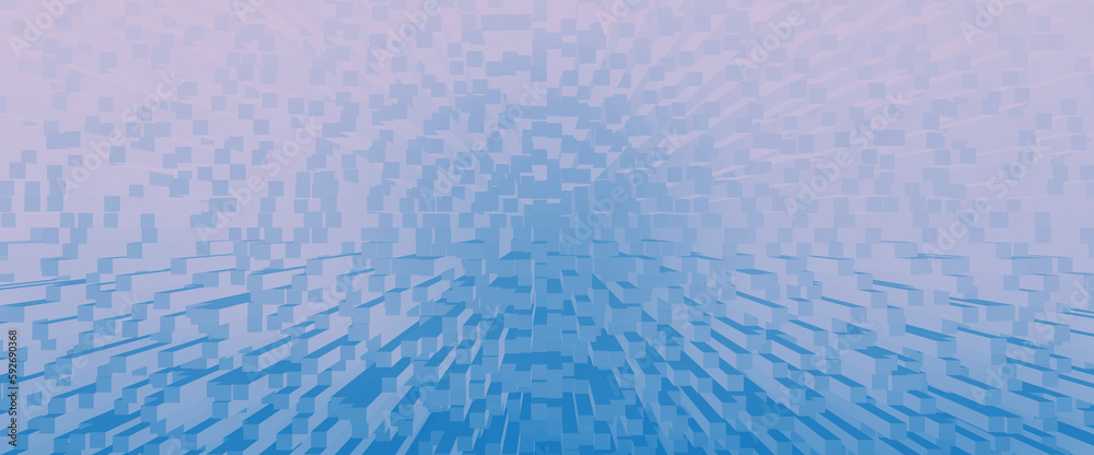Geometric effect of many parallelepipeds on plane. Portal of blue pink colors. Fantastic future design background image with many lines and squares in digital space. Abstract backdrop of cyberspace.