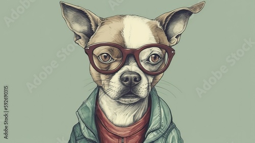 Hipster Cute Funny Art Dog Illustration. Generative AI  © Diatomic