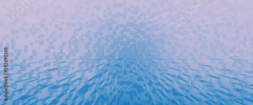 Geometric effect of many parallelepipeds on plane. Portal of blue pink colors. Fantastic future design background image with many lines and squares in digital space. Abstract backdrop of cyberspace.