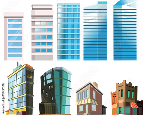 City buildings. Modern сity buildings, office building exterior, business city skyscrapers, architecture cityscape tall houses vector illustration icons set. Skyscraper office building, tall exterior