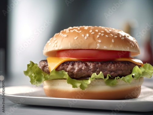 Juicy grilled hamburger, close-up shot, served on a bun.