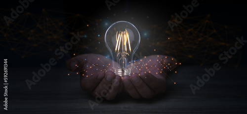 Creative solution or idea for web banner design or landing page template for creative agency with hands coming out of the screen with light bulbs and colorful abstract geometric shapes and lead lines.
