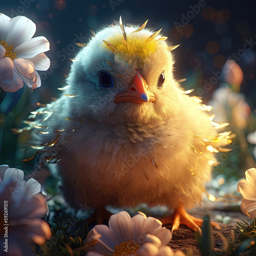 Illustration of a chicken with flower. Generative AI.