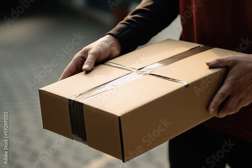 Business man carries a parcel in his hands. Postal service sending paper cardboard box. Shipping service arrival and send to customer address. Generative AI © OleksandrZastrozhnov