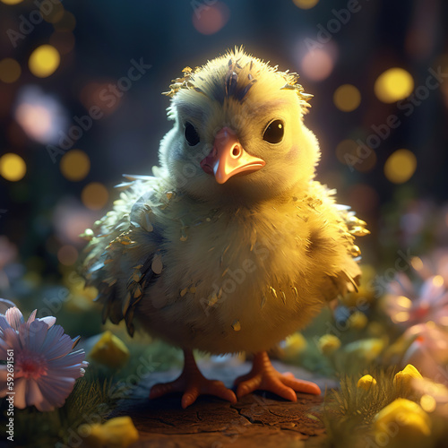 Illustration of a chicken with flower. Generative AI.