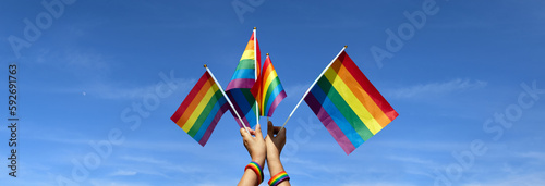 Rainbow flags showing in hands against clear bluesky, copy space, concept for calling all people to support and respcet the genger diversity, human rights and to celebrate LGBT in pride month.