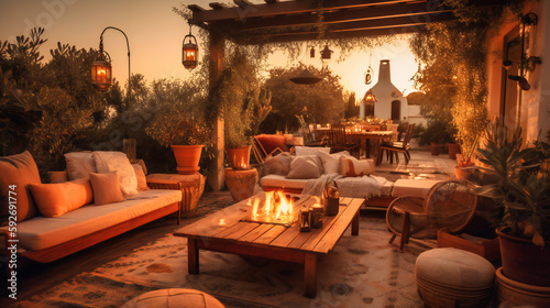 A mesmerizing image of a luxurious outdoor lounge area  blending elegant design with nature s beauty for an unforgettable evening experience