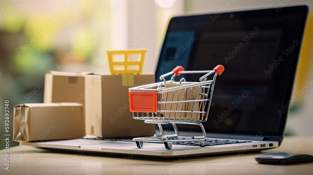 Product package boxes in cart with shopping bag and laptop computer for online shopping and delivery concept
