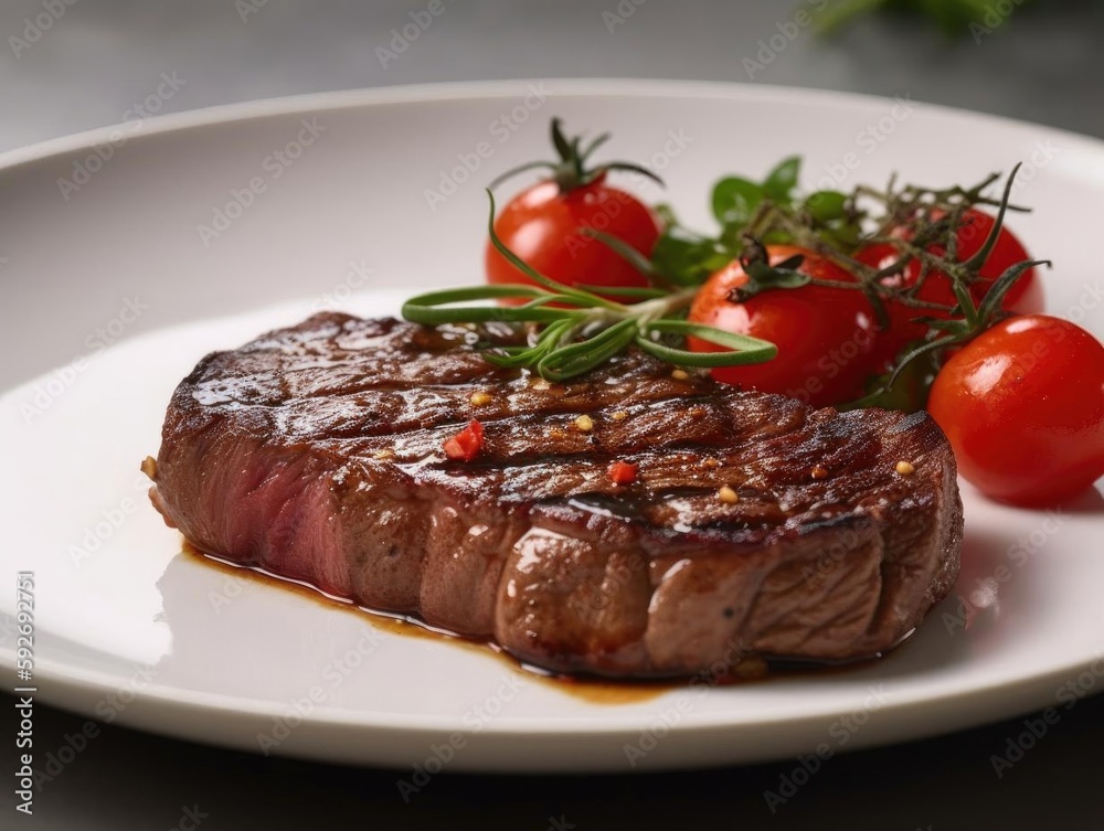 A Close-Up Shot of a Juicy Steak with Grill Marks and Garnish.