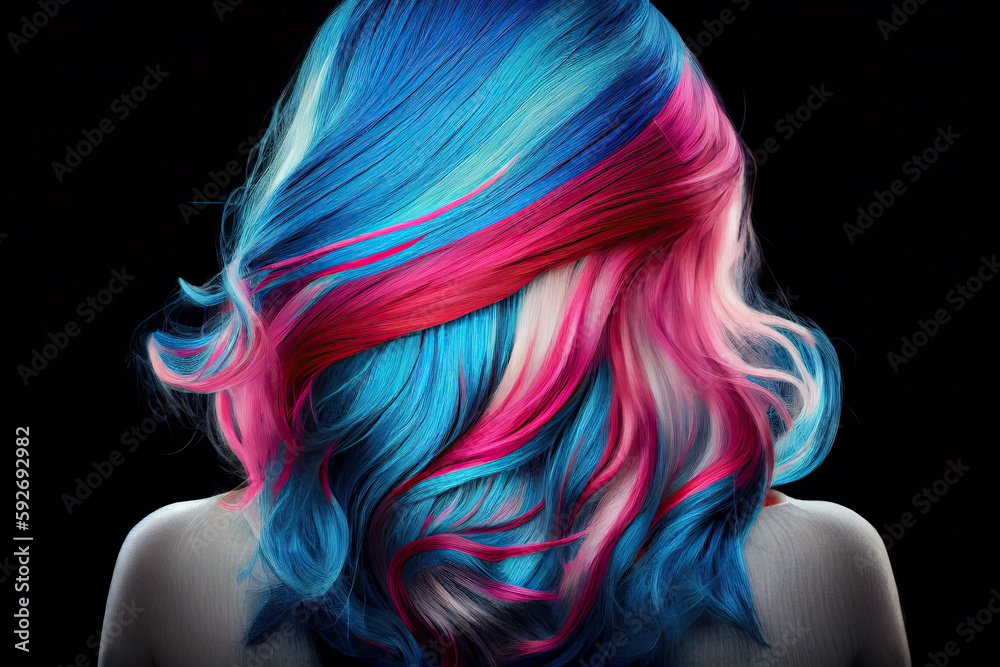 Fototapeta premium Rear view of model girl with colorful dyed hair. A woman with rainbow-colored hair on a black background. Bright multi-colored hair coloring, red - blue tint. beautiful hair. generative AI
