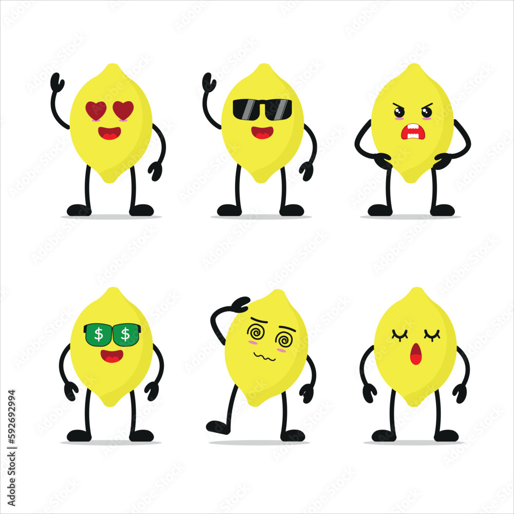 cute yellow sour lemon different activity vector sticker in white background. fruit different face expression set.