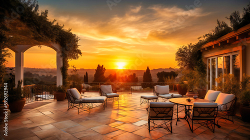 A spellbinding image of a luxurious summer villa terrace, offering the perfect setting to unwind and enjoy a majestic sunset