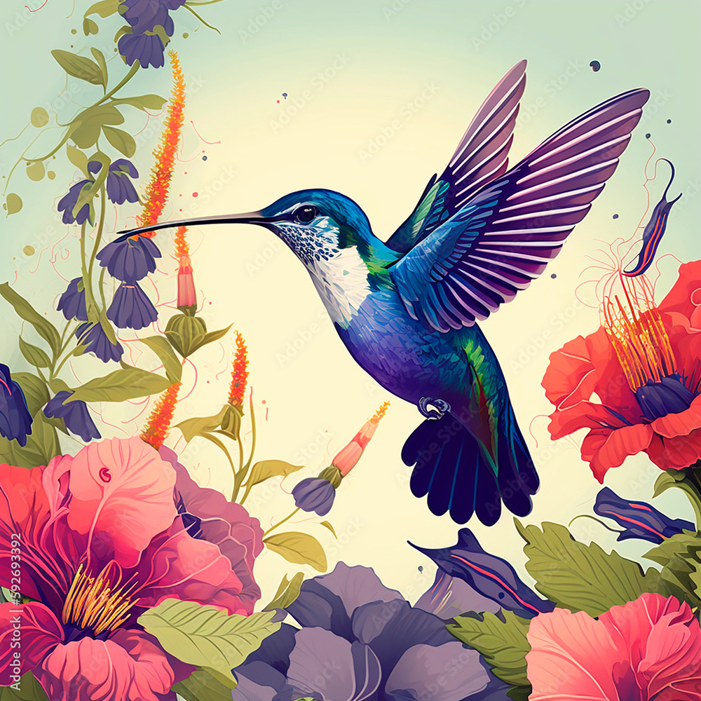 hummingbirds in the air among flowers cartoon created with Generative Ai technology