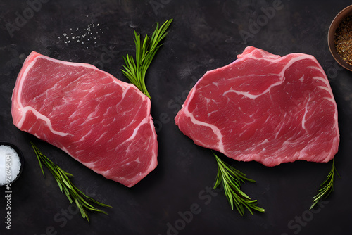 Raw steak on a slate. Two raw steaks on a dark shale background. Slices of meat with seasoning