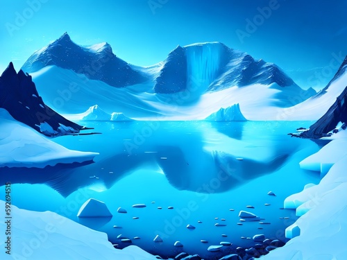 Winter landscape with glaciers. Beautiful winter snow background. Antarctica landscape and view. Arctic illustration with snow mountains. Created with generative AI tools