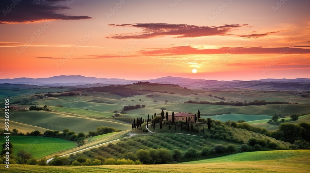 Fototapeta premium image of path in the mountains with beautiful sunset. Generative AI