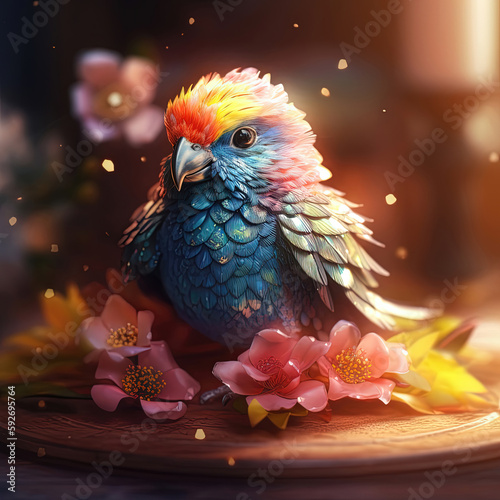 Illustration of a love bird with flower. Generative AI. © Absent Satu