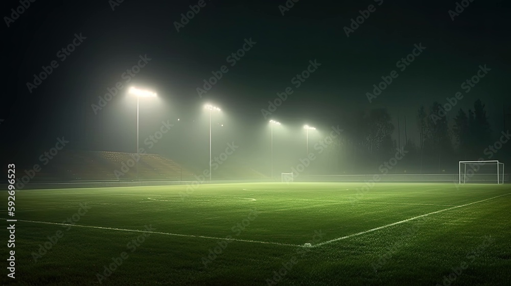 A soccer field being lit by huge bright spotlights, stadium.