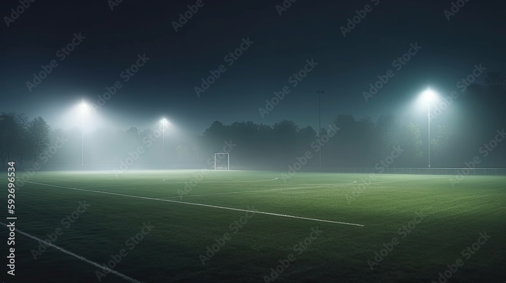 A soccer field being lit by huge bright spotlights, stadium. A soccer field being lit by huge bright spotlights, stadium.