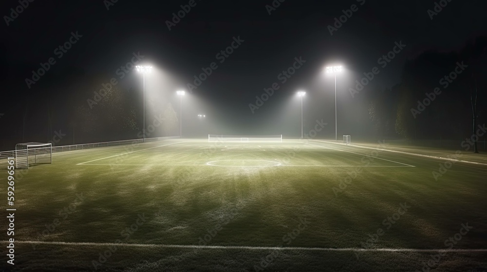 Fototapeta premium A soccer field being lit by huge bright spotlights, stadium.