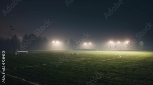 A soccer field being lit by huge bright spotlights, stadium.