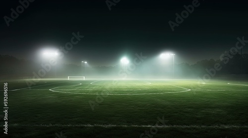 A soccer field being lit by huge bright spotlights, stadium.