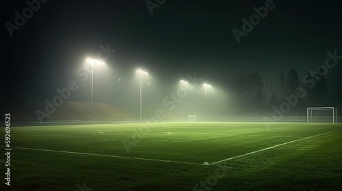 A soccer field being lit by huge bright spotlights, stadium.