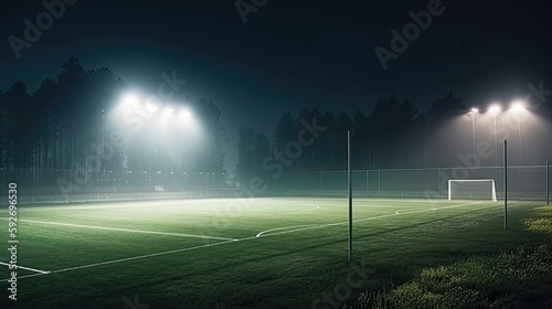 A soccer field being lit by huge bright spotlights, stadium.