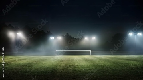 A soccer field being lit by huge bright spotlights, stadium.