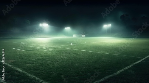 A soccer field being lit by huge bright spotlights, stadium. © Pedro