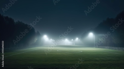 A soccer field being lit by huge bright spotlights  stadium.