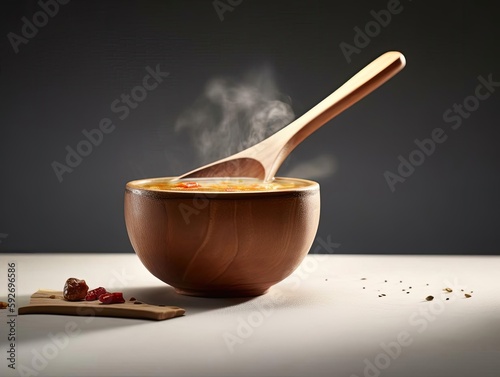 Dropdown shot of steaming hot soup in wooden bowl. photo