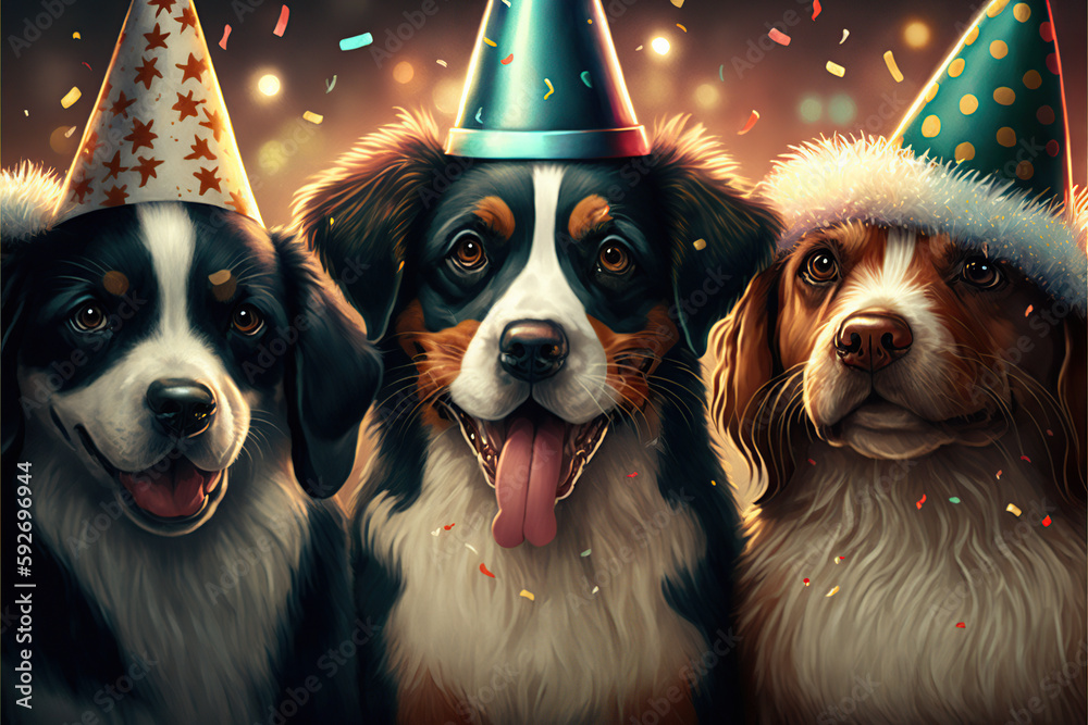Φωτογραφία Ilustración del retrato de tres perros con gorros de fiesta mirando a cámara