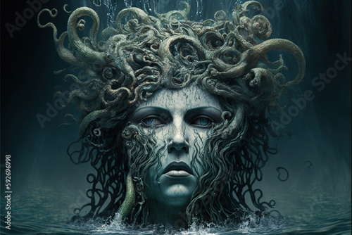 Ilustración de la imagen de la cabeza de una Diosa en el fondo del mar con cabello en forma de tentáculos. Generative AI