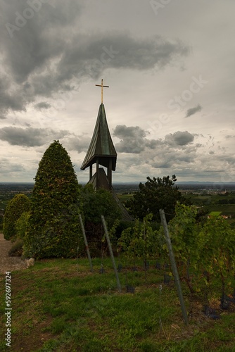 Vertical shot of vineyards next to a church photo