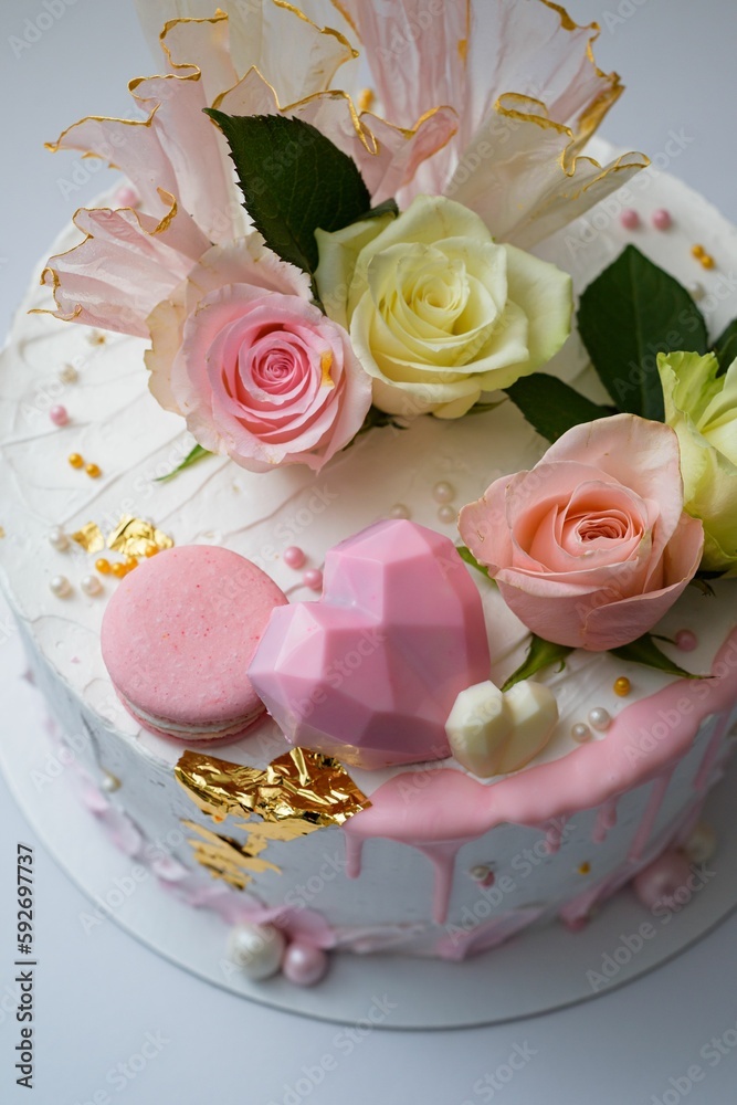 Flat lay view of a beautifully decorated birthday cake